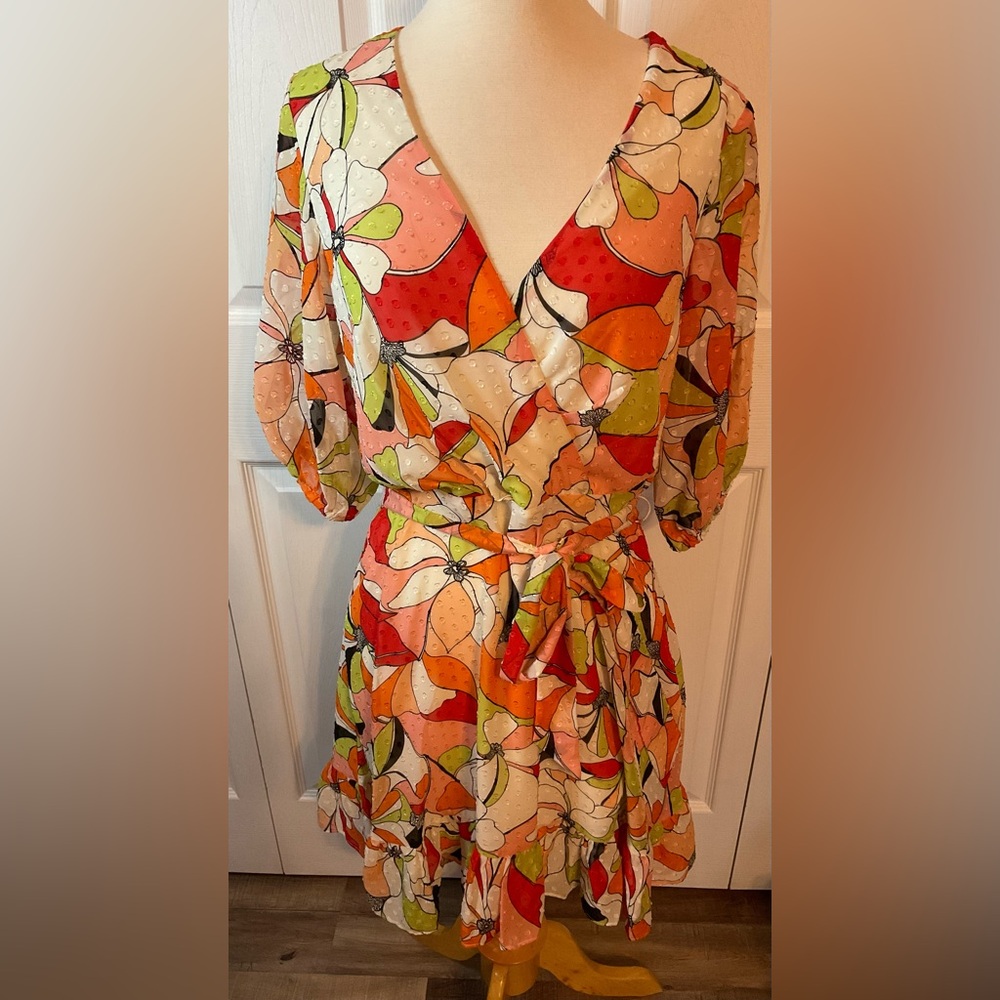 BCBGeneration Orange Peach Green Floral Dress Size 10 - Picture 4 of 8